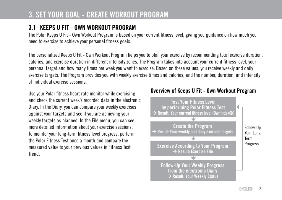 Set your goal - create workout program, 1 keeps u fit - own workout program | POLAR F55 User Manual | Page 19 / 98