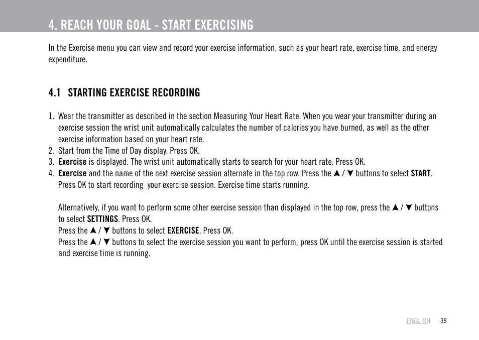 Reach your goal - start exercising, 1 starting exercise recording | POLAR F55 User Manual | Page 37 / 98