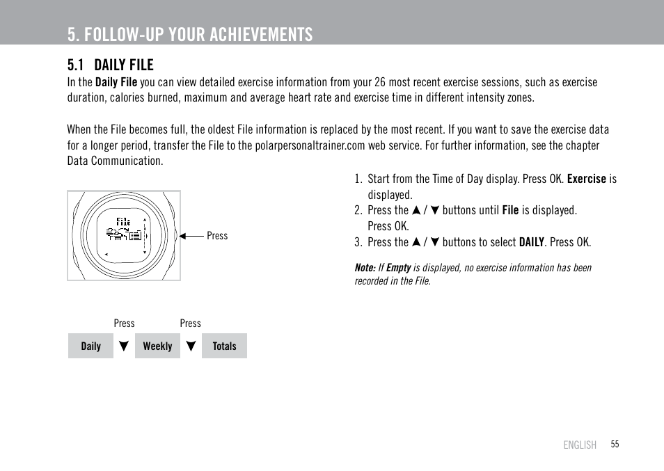 Follow-up your achievements, 1 daily file | POLAR F55 User Manual | Page 53 / 98