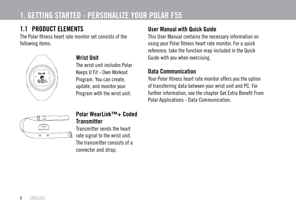 Getting started - personalize your polar f55 | POLAR F55 User Manual | Page 6 / 98