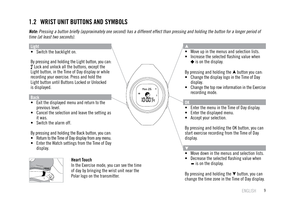 2 wrist unit buttons and symbols | POLAR F55 User Manual | Page 7 / 98