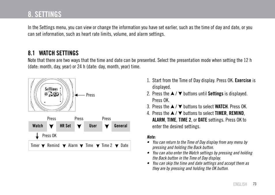 Settings, 1 watch settings | POLAR F55 User Manual | Page 71 / 98