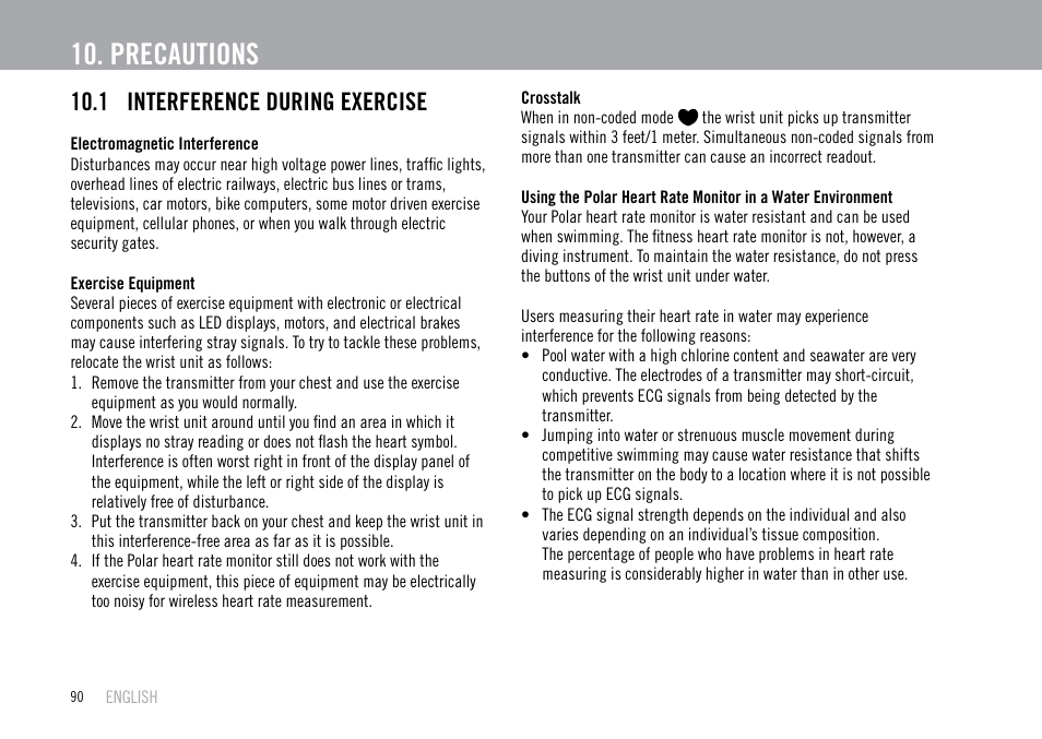 Precautions, 1 interference during exercise | POLAR F55 User Manual | Page 88 / 98