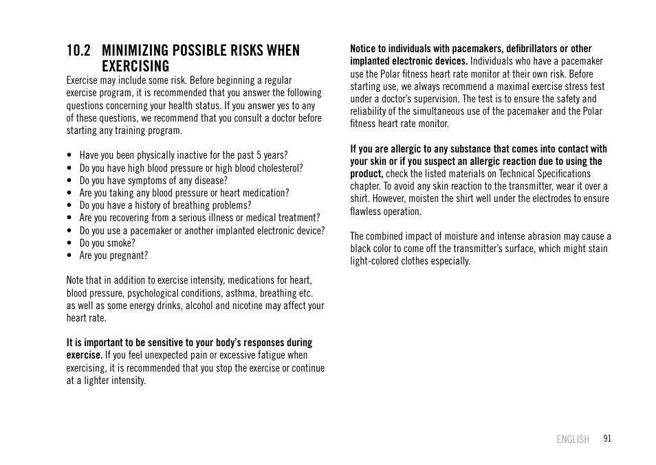 2 minimizing possible risks when exercising | POLAR F55 User Manual | Page 89 / 98
