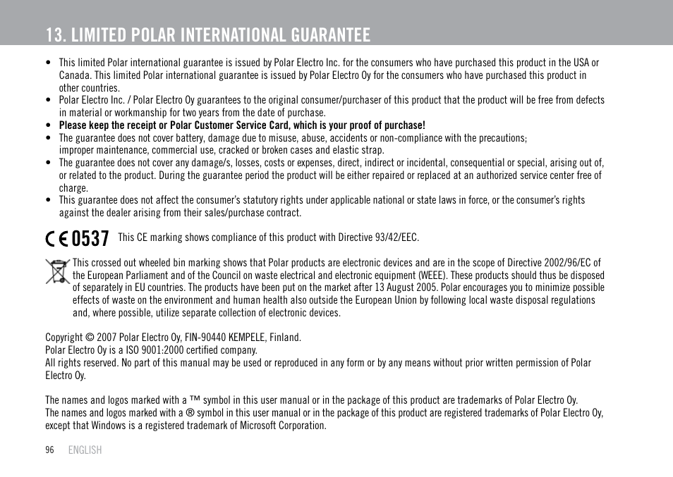Limited polar international guarantee | POLAR F55 User Manual | Page 94 / 98