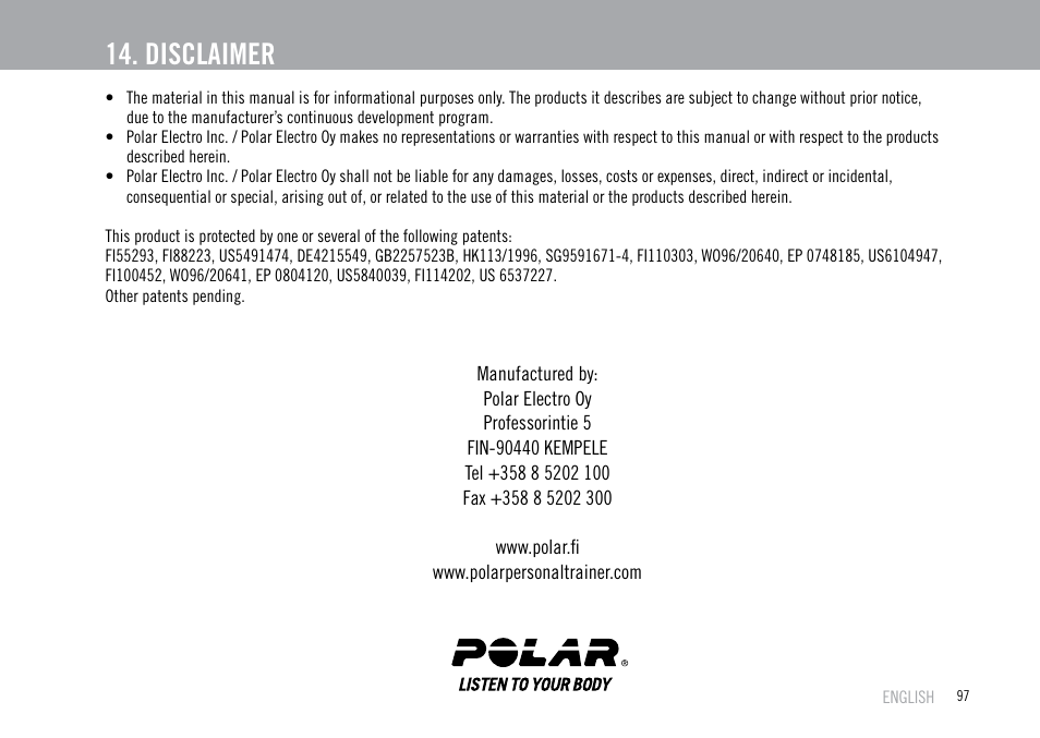 Disclaimer | POLAR F55 User Manual | Page 95 / 98