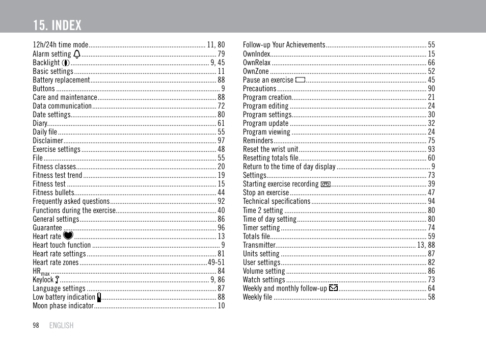 Index | POLAR F55 User Manual | Page 96 / 98