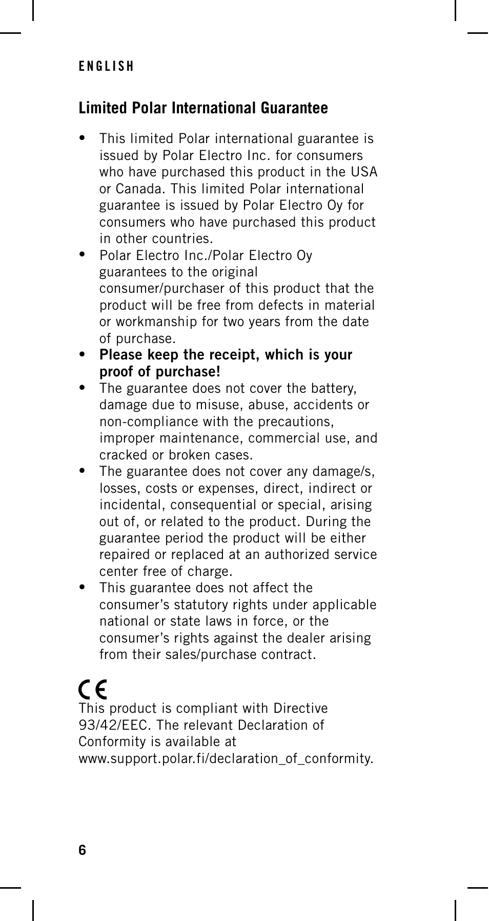 Limited polar international guarantee | POLAR Cycling Computer User Manual | Page 6 / 8