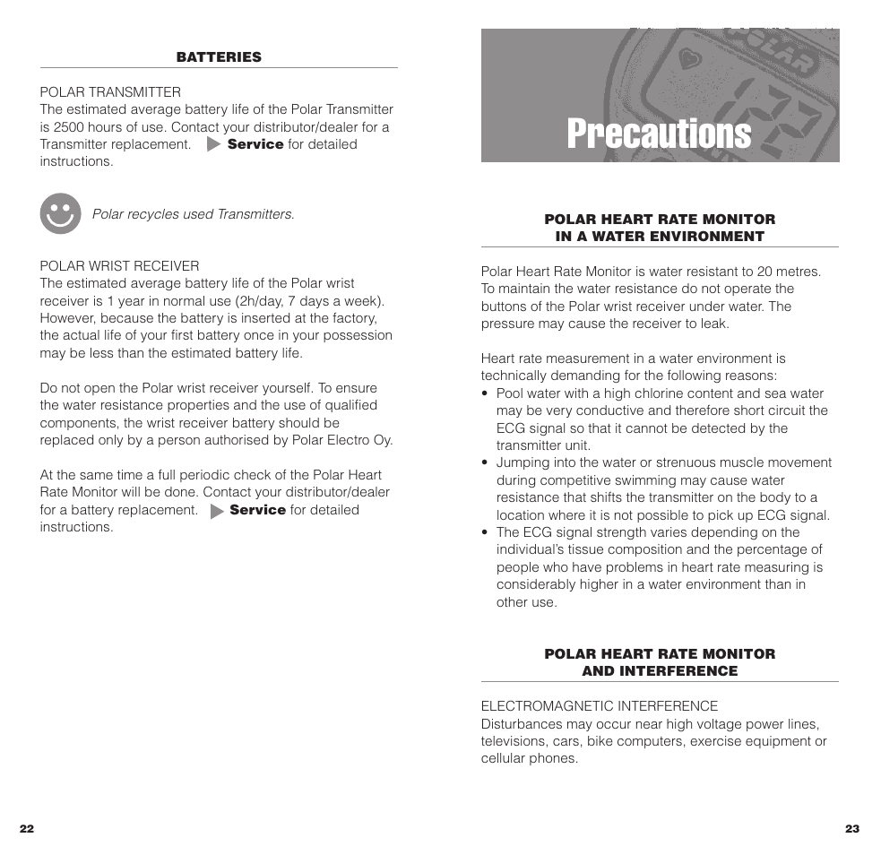 Precautions | POLAR HEARTWATCH User Manual | Page 12 / 17