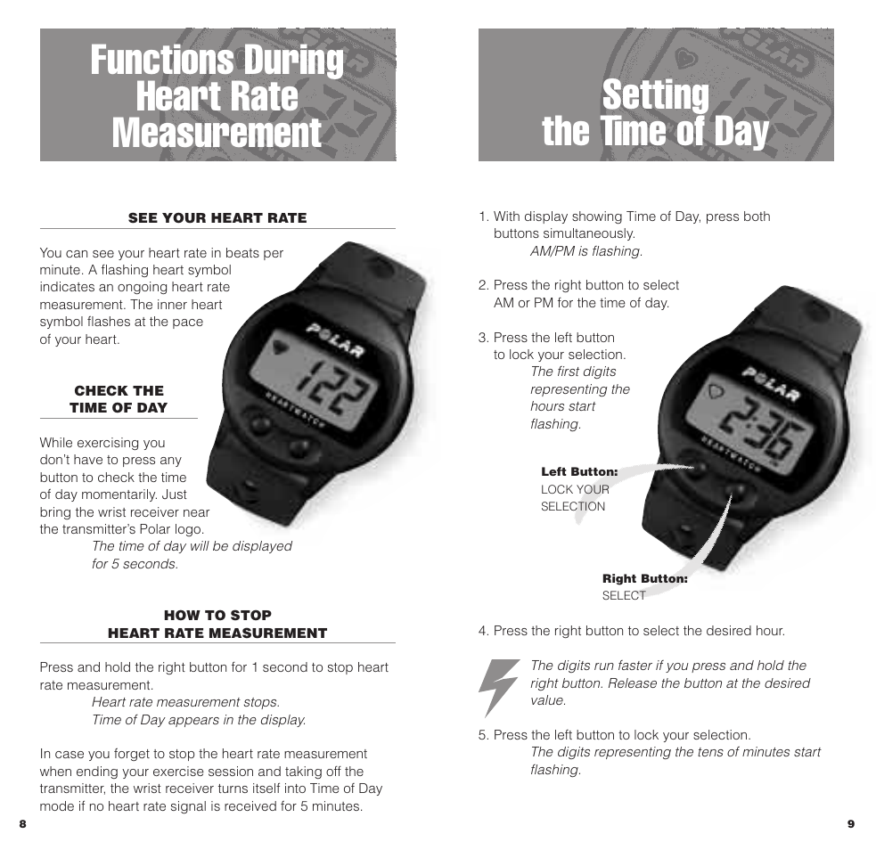 Setting the time of day, Functions during heart rate measurement | POLAR HEARTWATCH User Manual | Page 5 / 17