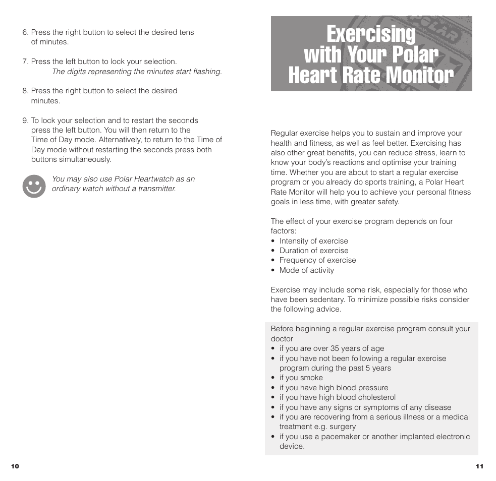 Exercising with your polar heart rate monitor | POLAR HEARTWATCH User Manual | Page 6 / 17