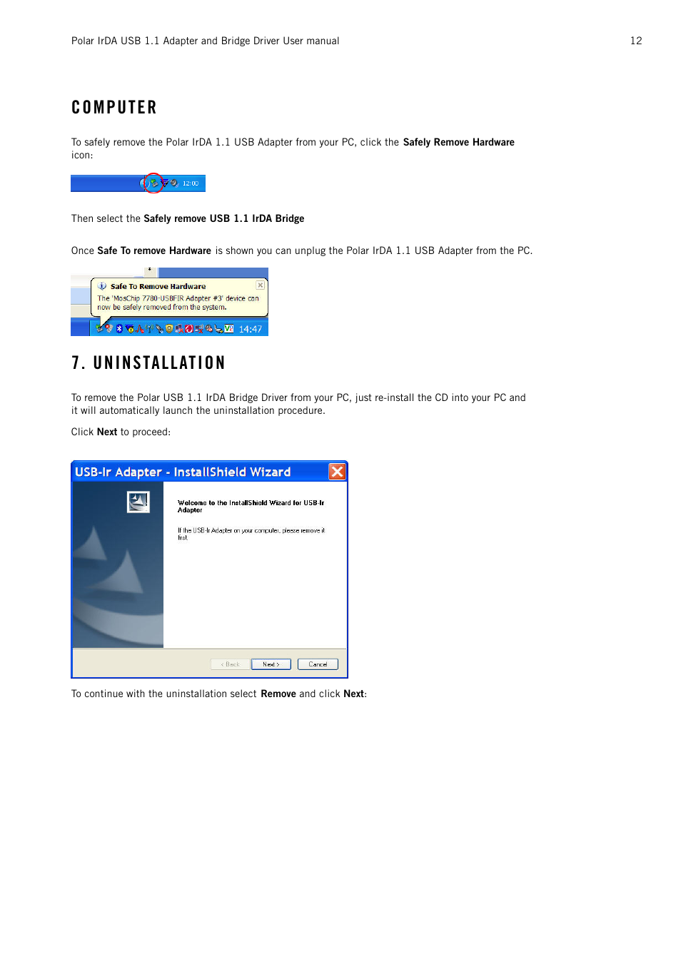 Uninstallation, Uninstallation with windows vista | POLAR Adapter and Bridge Driver IrDA USB 1.1 User Manual | Page 12 / 17