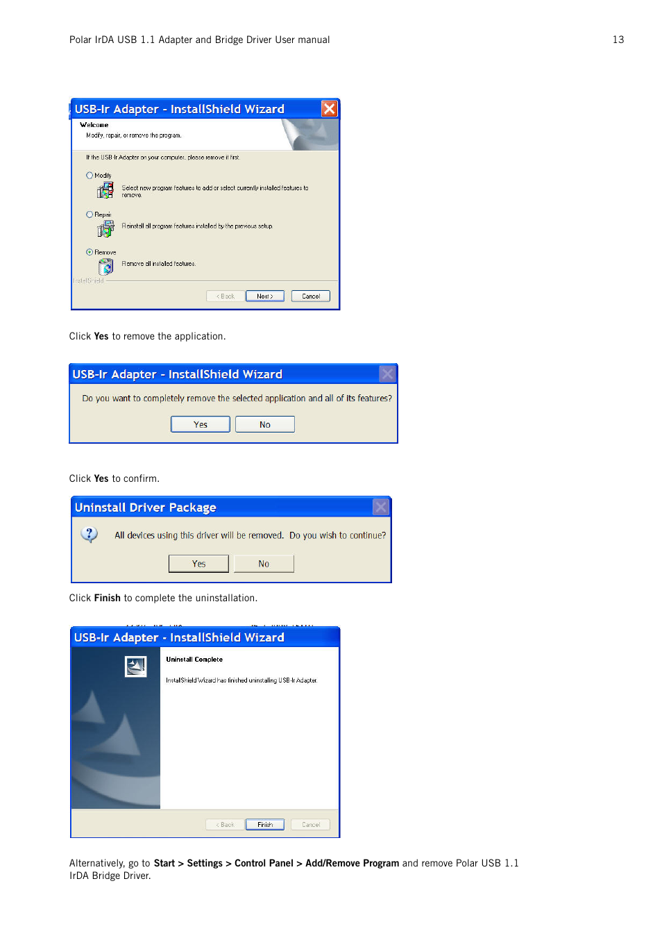 POLAR Adapter and Bridge Driver IrDA USB 1.1 User Manual | Page 13 / 17