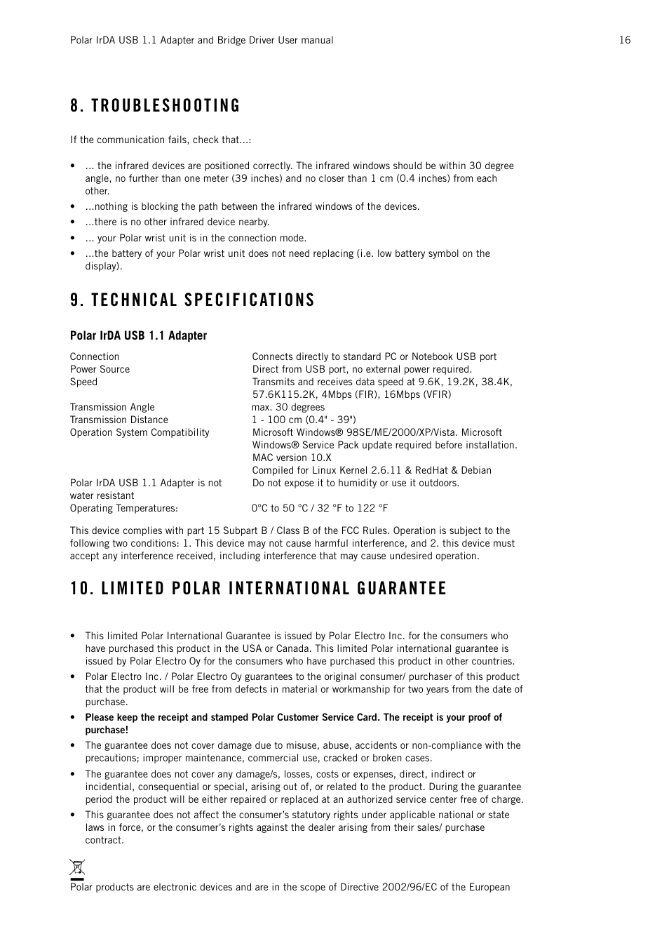 Troubleshooting, Technical specifications, Limited polar international guarantee | Polar disclaimer | POLAR Adapter and Bridge Driver IrDA USB 1.1 User Manual | Page 16 / 17