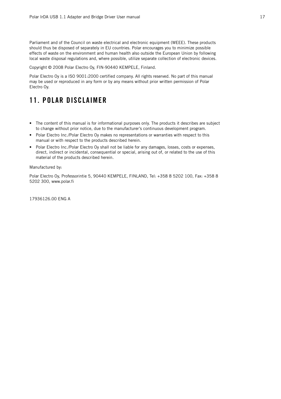 Polar disclaimer | POLAR Adapter and Bridge Driver IrDA USB 1.1 User Manual | Page 17 / 17