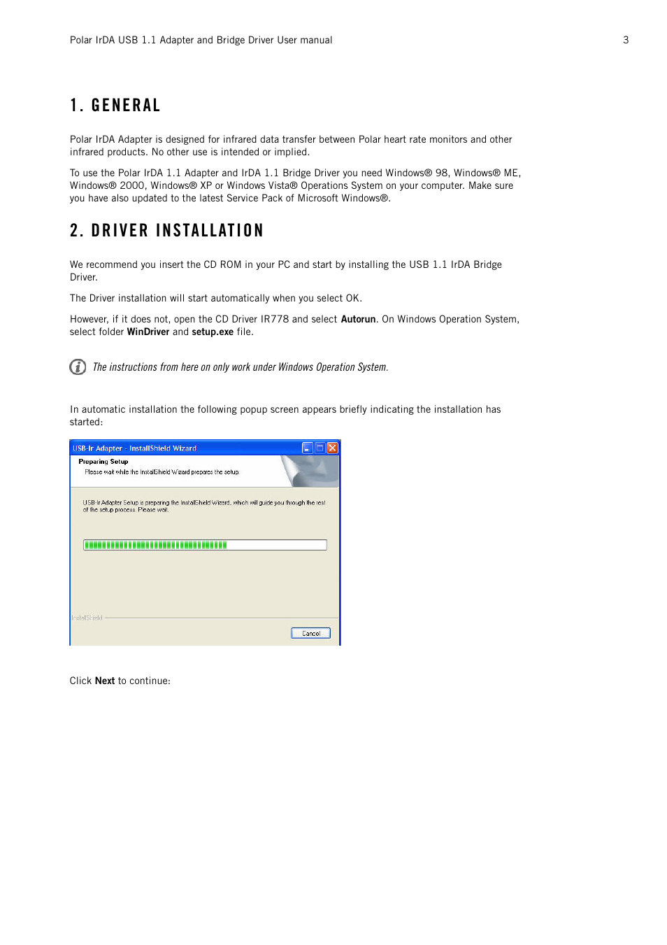 General, Driver installation | POLAR Adapter and Bridge Driver IrDA USB 1.1 User Manual | Page 3 / 17