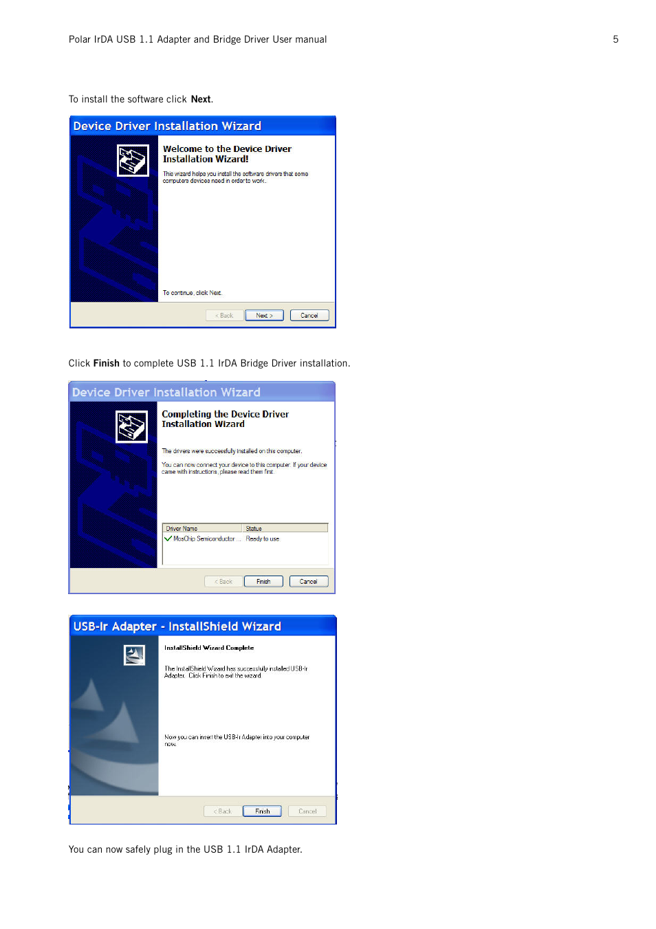 POLAR Adapter and Bridge Driver IrDA USB 1.1 User Manual | Page 5 / 17