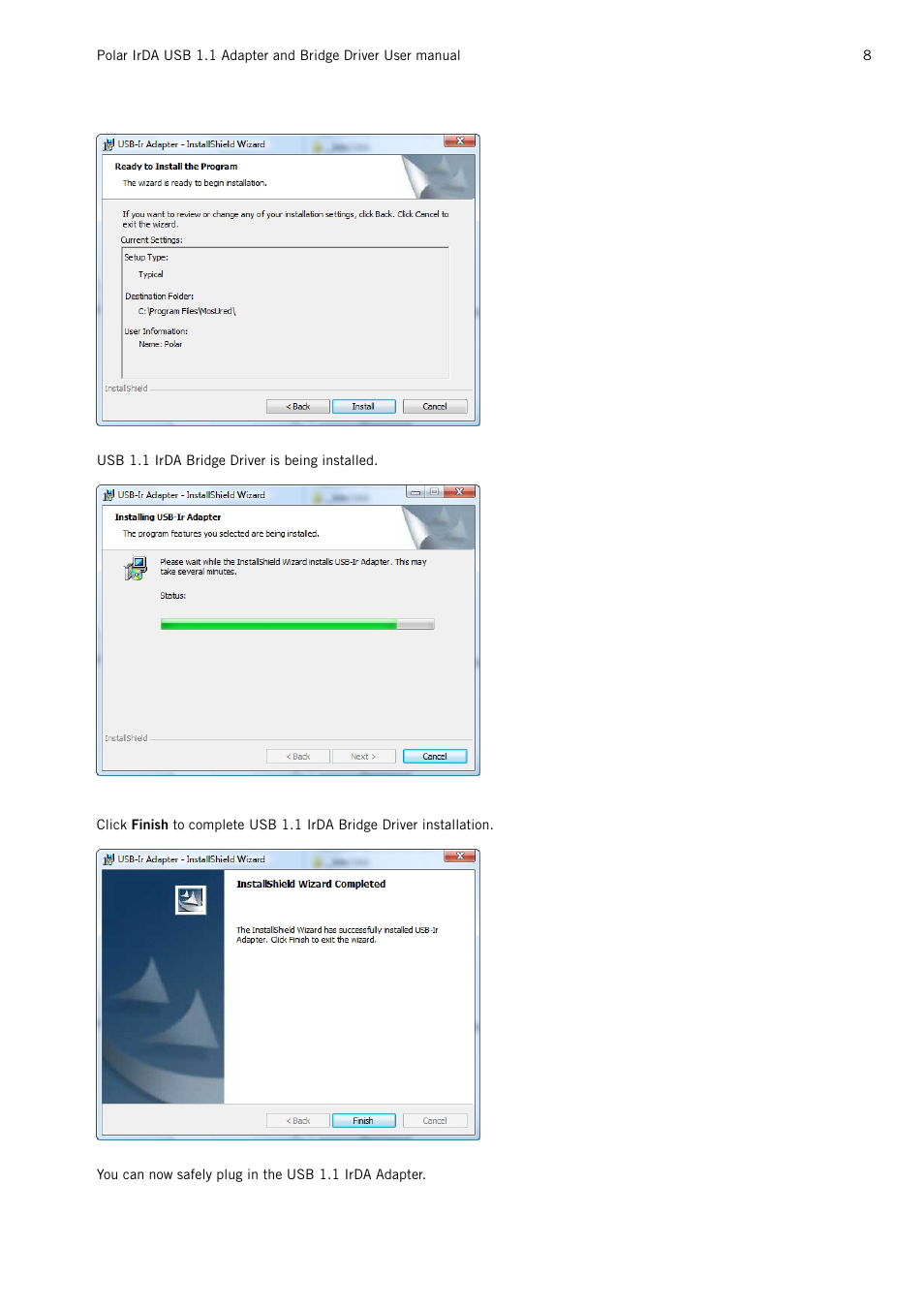 POLAR Adapter and Bridge Driver IrDA USB 1.1 User Manual | Page 8 / 17