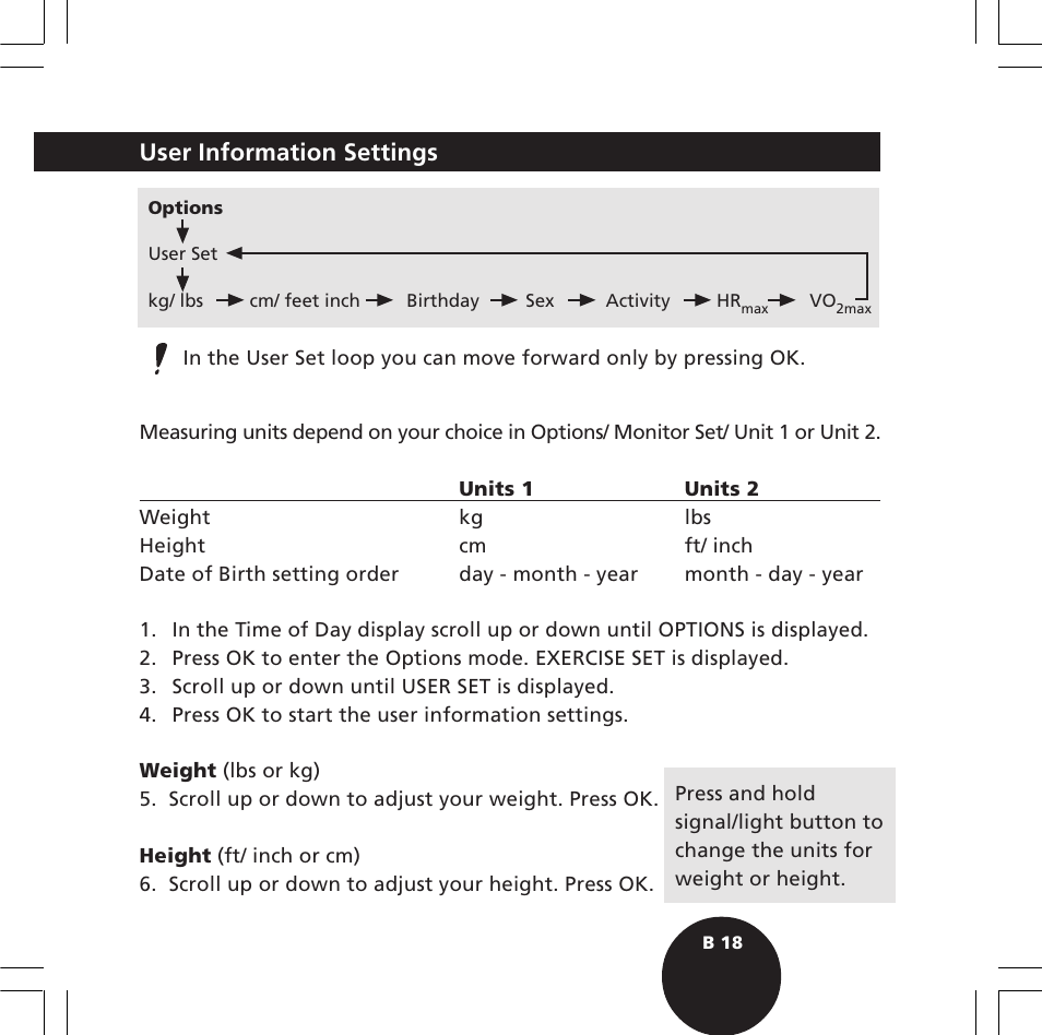 User information settings | POLAR S610i User Manual | Page 20 / 93