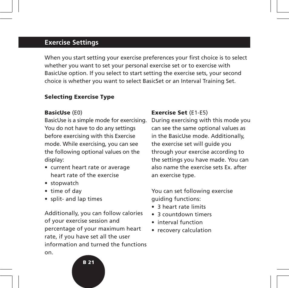 Exercise settings | POLAR S610i User Manual | Page 23 / 93