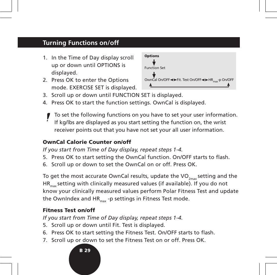 Turning functions on/off | POLAR S610i User Manual | Page 31 / 93
