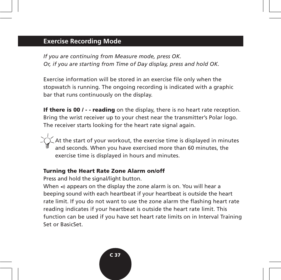 Exercise recording mode | POLAR S610i User Manual | Page 39 / 93