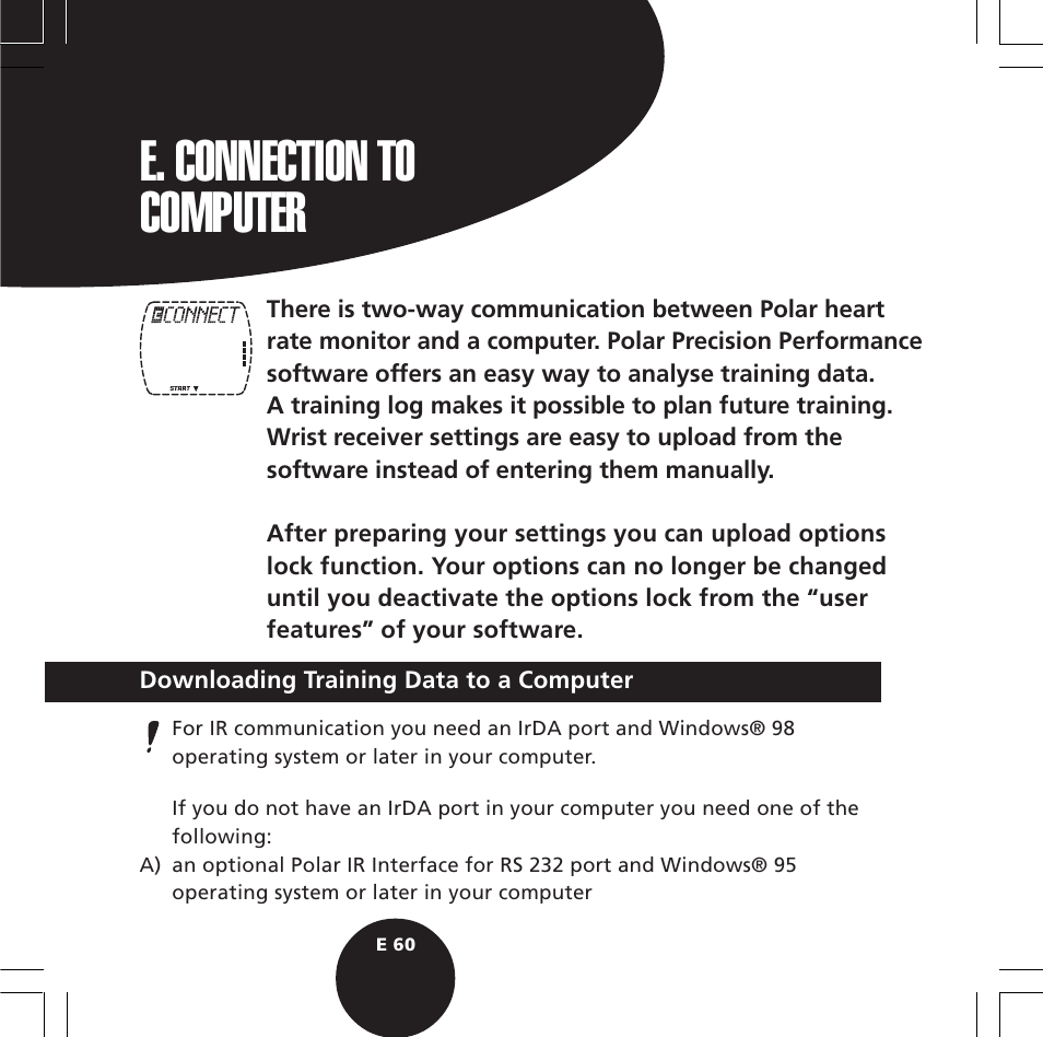 E. connection to computer | POLAR S610i User Manual | Page 62 / 93