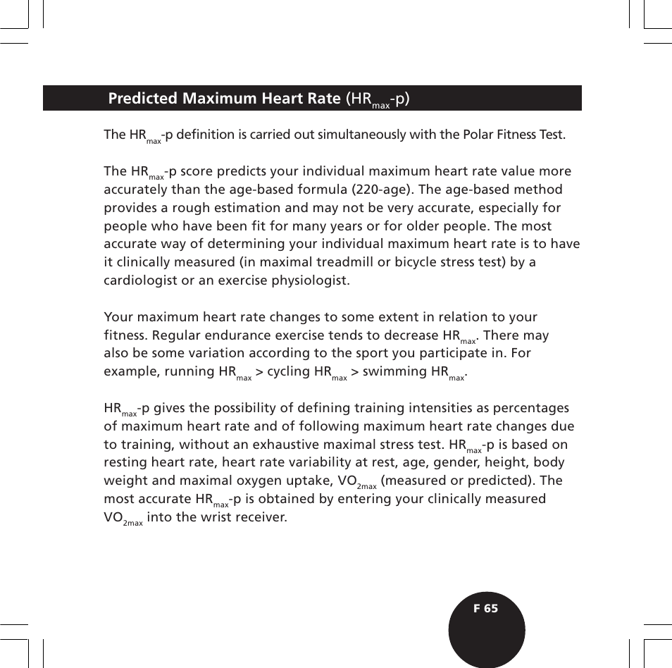 Predicted maximum heart rate (hr | POLAR S610i User Manual | Page 67 / 93