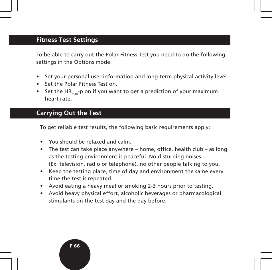 Carrying out the test, Fitness test settings | POLAR S610i User Manual | Page 68 / 93