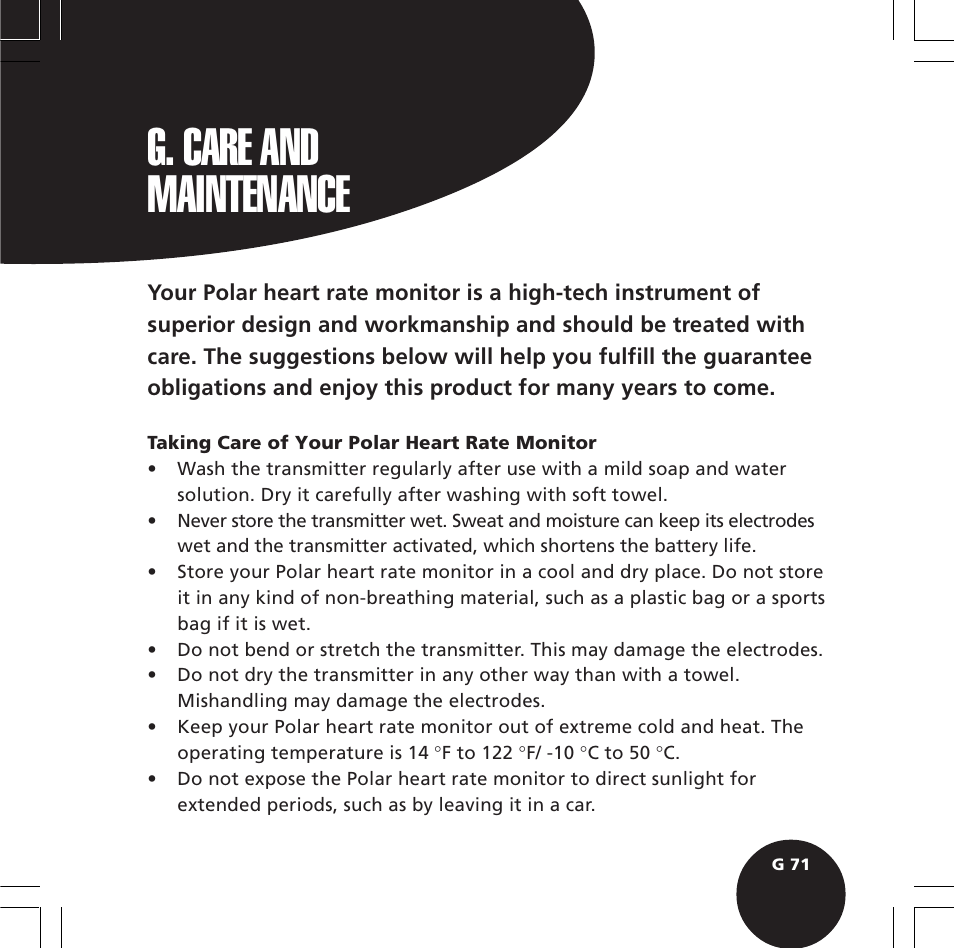 G. care and maintenance | POLAR S610i User Manual | Page 73 / 93