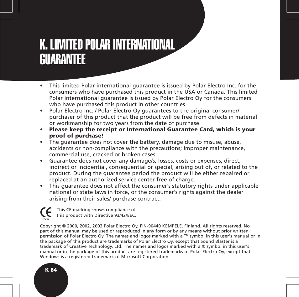 K. limited polar international guarantee | POLAR S610i User Manual | Page 86 / 93