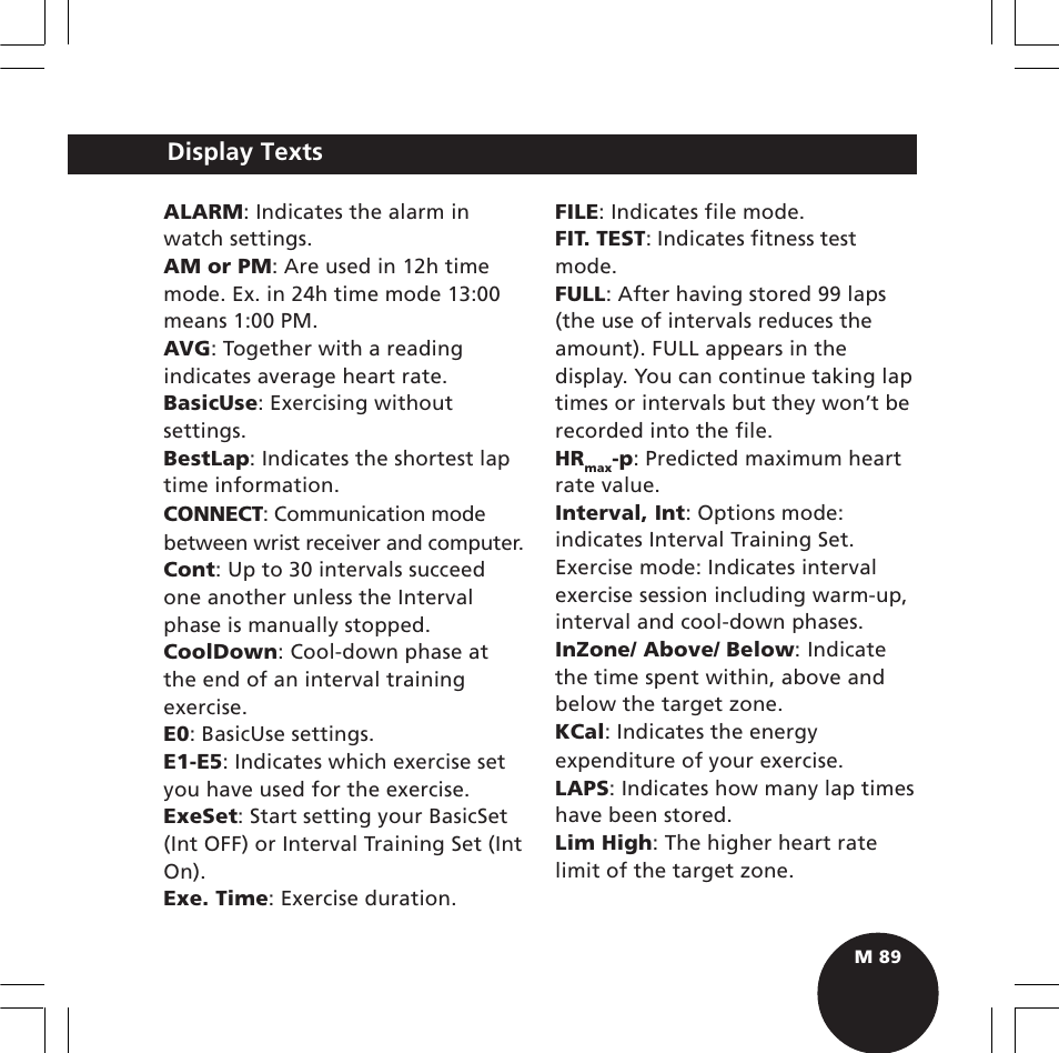 Display texts | POLAR S610i User Manual | Page 91 / 93