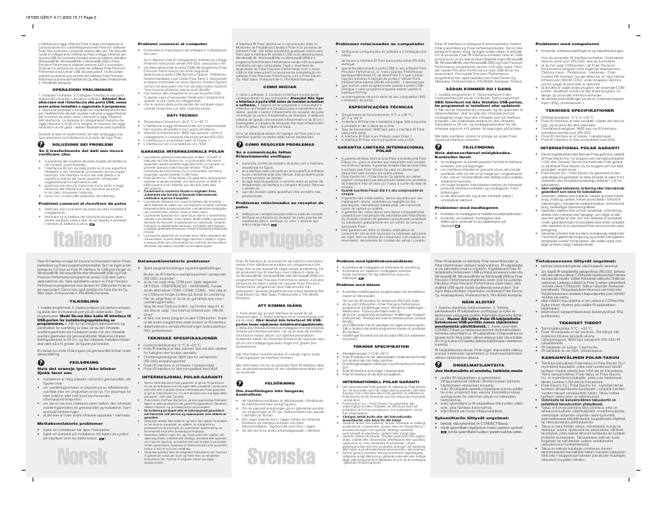 Suomi, Svenska, Dansk | Italiano, Norsk, Português | POLAR IR INTERFACE User Manual | Page 2 / 2