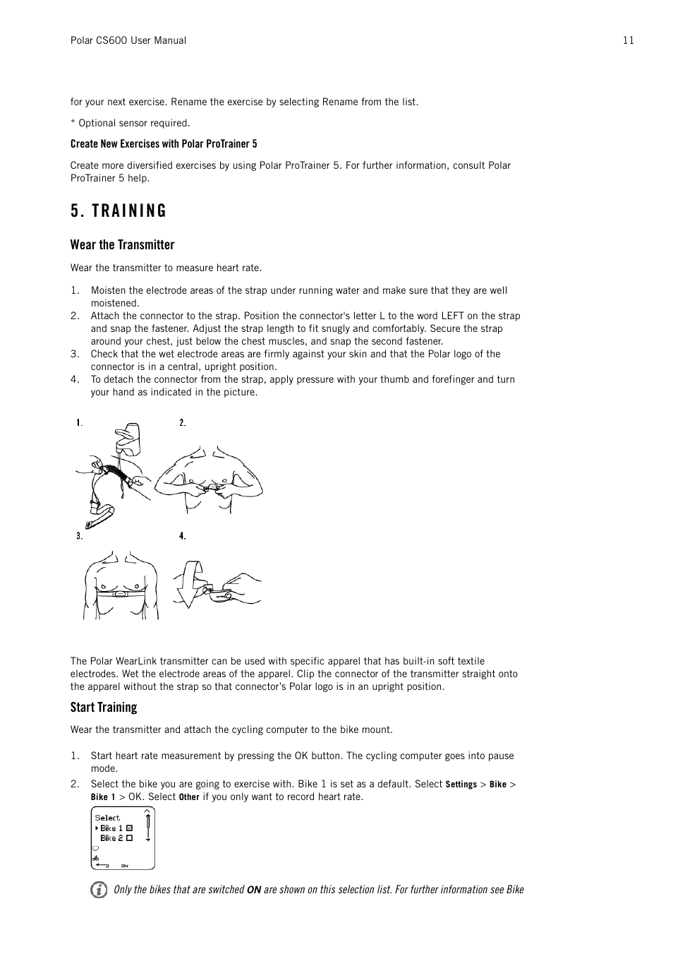 Create new exercises with polar protrainer 5, Training, Wear the transmitter | Start training | POLAR CS600 User Manual | Page 11 / 56