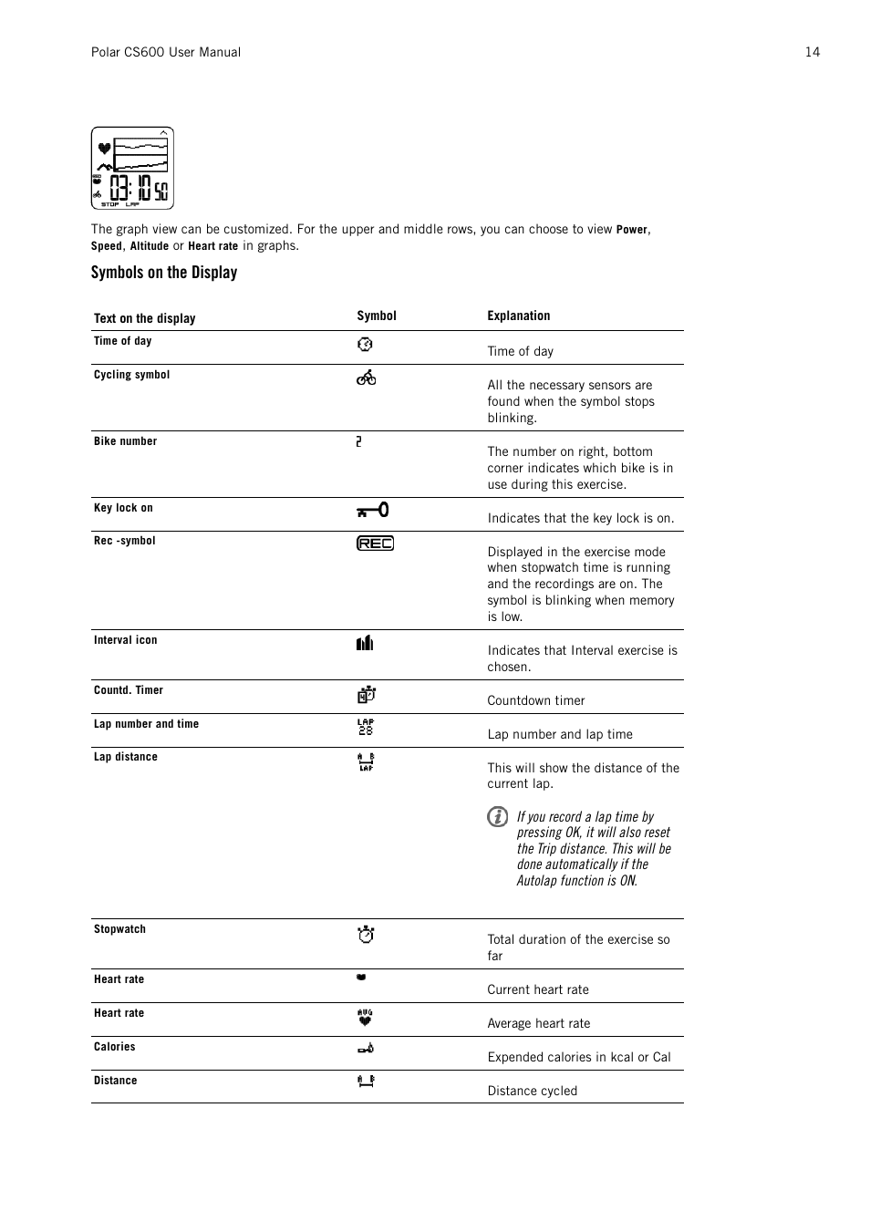 Symbols on the display | POLAR CS600 User Manual | Page 14 / 56