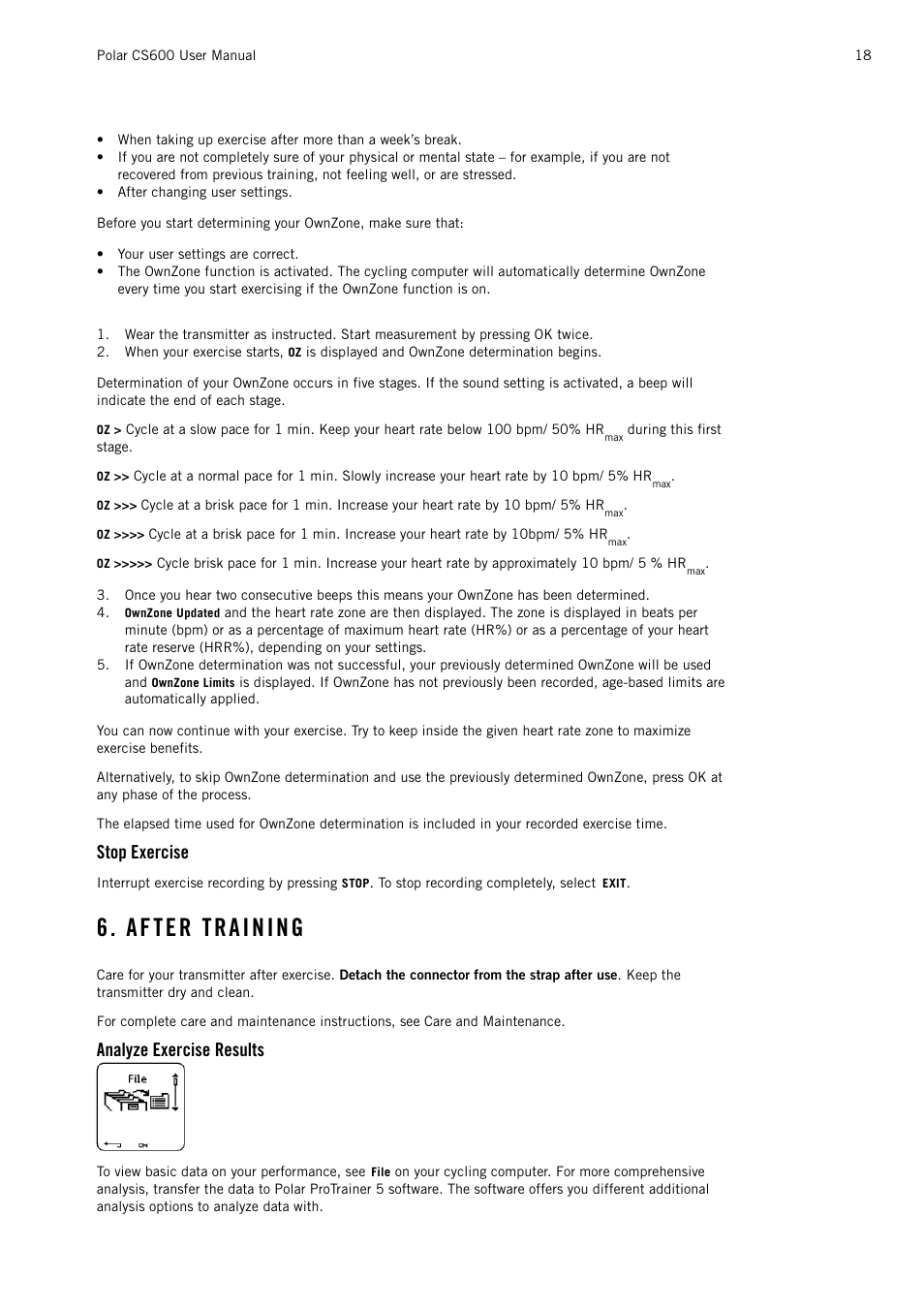 Stop exercise, After training, Analyze exercise results | POLAR CS600 User Manual | Page 18 / 56