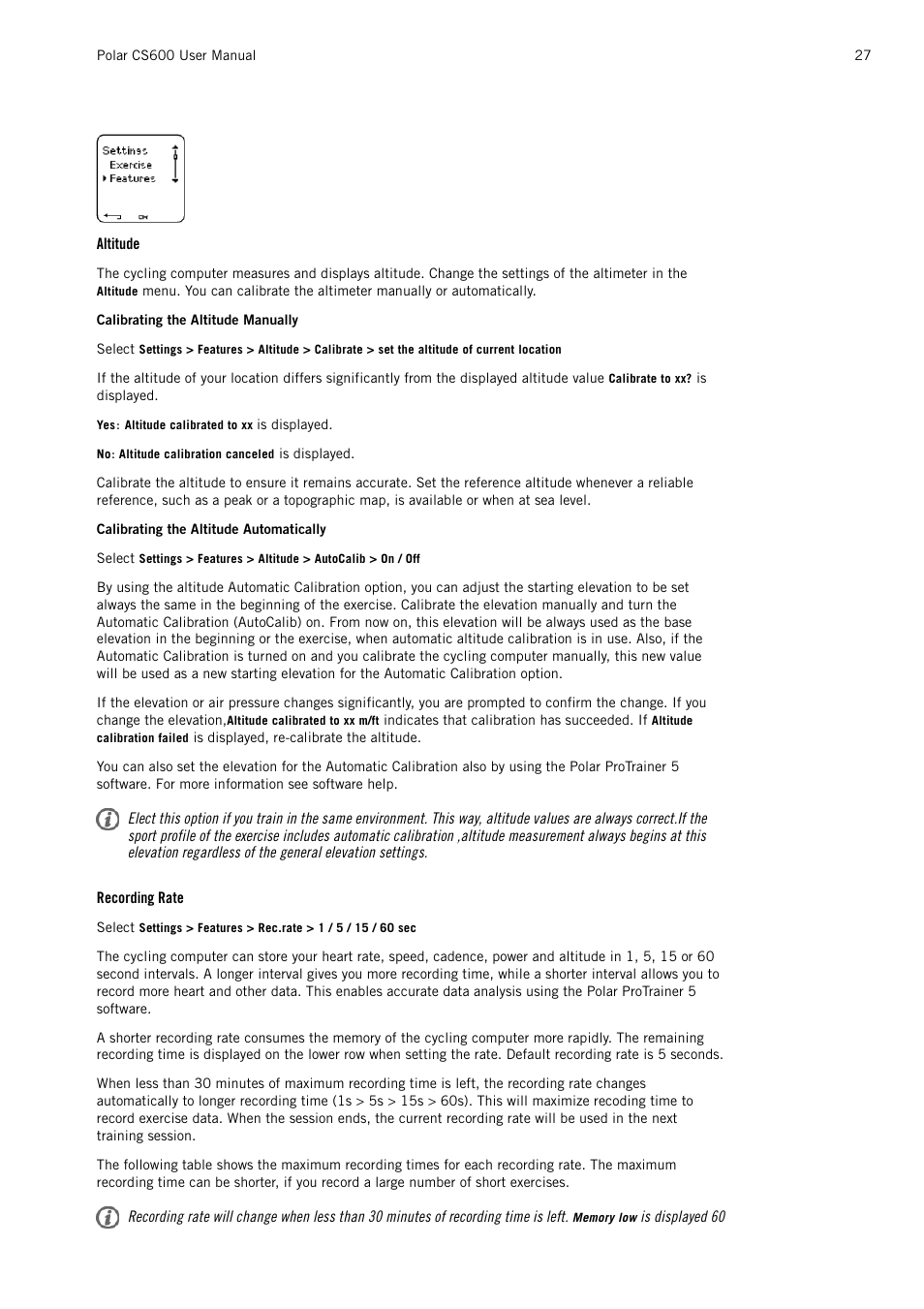 Altitude, Recording rate | POLAR CS600 User Manual | Page 27 / 56