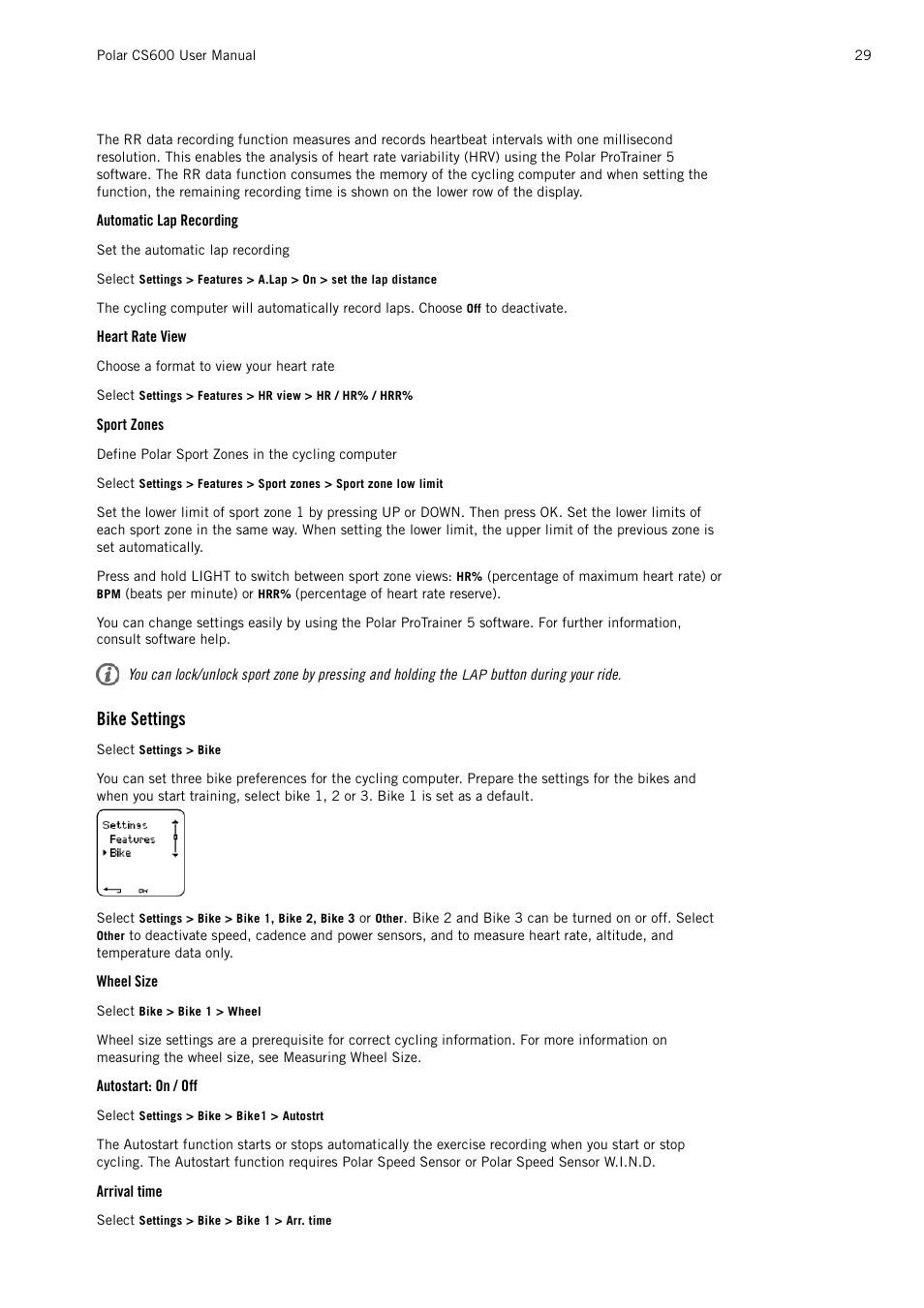 Automatic lap recording, Heart rate view, Sport zones | Bike settings, Wheel size, Autostart: on / off, Arrival time | POLAR CS600 User Manual | Page 29 / 56