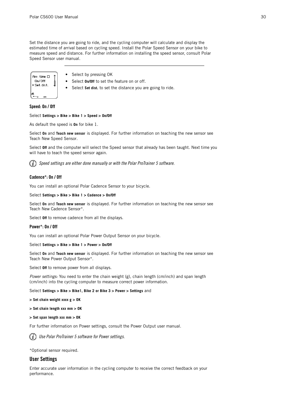 Speed: on / off, Cadence*: on / off, Power*: on / off | User settings | POLAR CS600 User Manual | Page 30 / 56