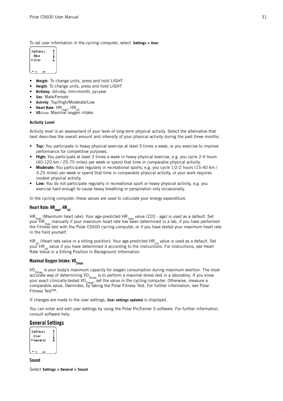 Heart rate: hrmax, hrsit, Maximal oxygen intake: vo2max, General settings | Sound | POLAR CS600 User Manual | Page 31 / 56