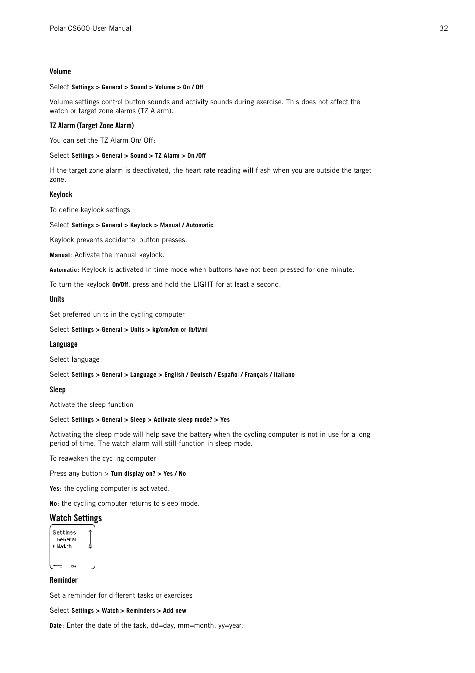 Volume, Tz alarm (target zone alarm), Keylock | Units, Language, Sleep, Watch settings, Reminder | POLAR CS600 User Manual | Page 32 / 56