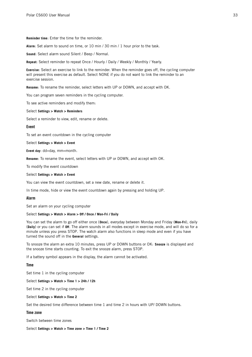 Event, Alarm, Time | Time zone | POLAR CS600 User Manual | Page 33 / 56