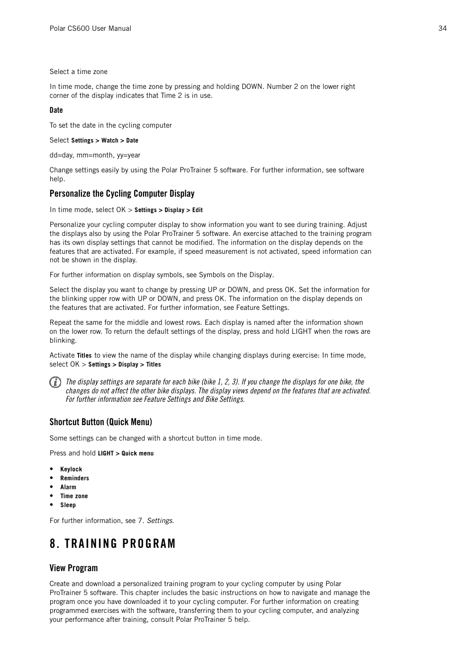 Date, Personalize the cycling computer display, Shortcut button (quick menu) | Training program, View program | POLAR CS600 User Manual | Page 34 / 56