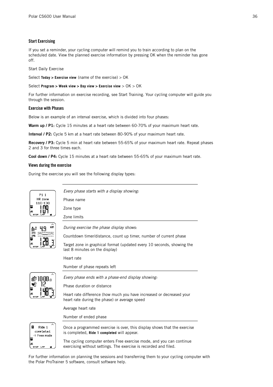 Start exercising, Exercise with phases, Views during the exercise | POLAR CS600 User Manual | Page 36 / 56