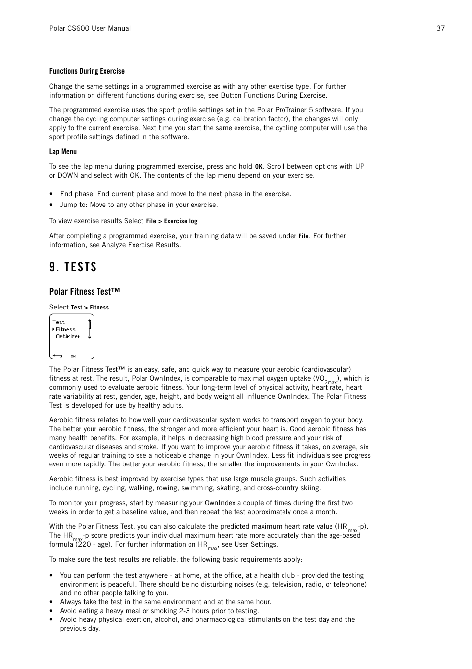 Functions during exercise, Lap menu, Tests | Polar fitness test | POLAR CS600 User Manual | Page 37 / 56