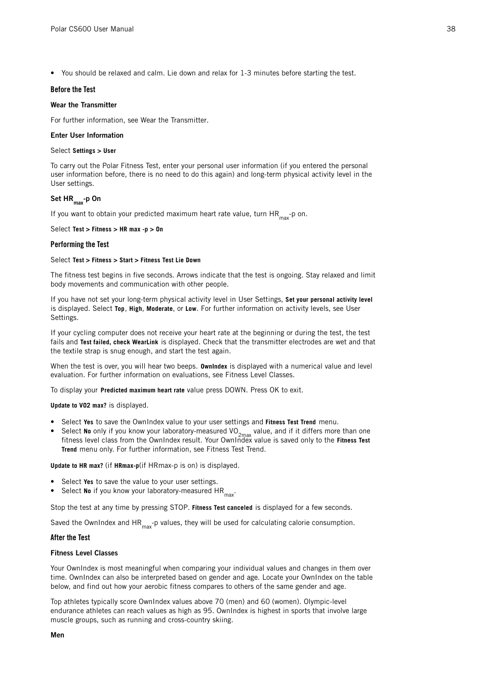 Before the test, Performing the test, After the test | POLAR CS600 User Manual | Page 38 / 56