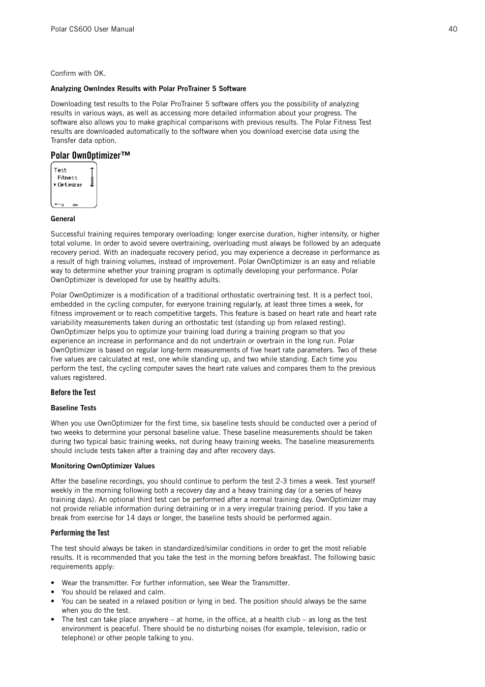 Polar ownoptimizer, Before the test, Performing the test | POLAR CS600 User Manual | Page 40 / 56