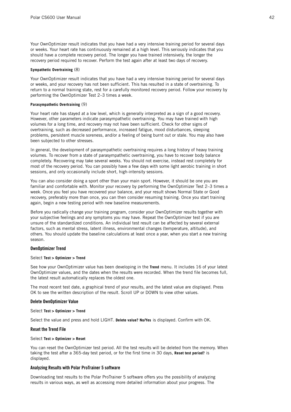 Ownoptimizer trend, Delete ownoptimizer value, Reset the trend file | Analyzing results with polar protrainer 5 software | POLAR CS600 User Manual | Page 42 / 56
