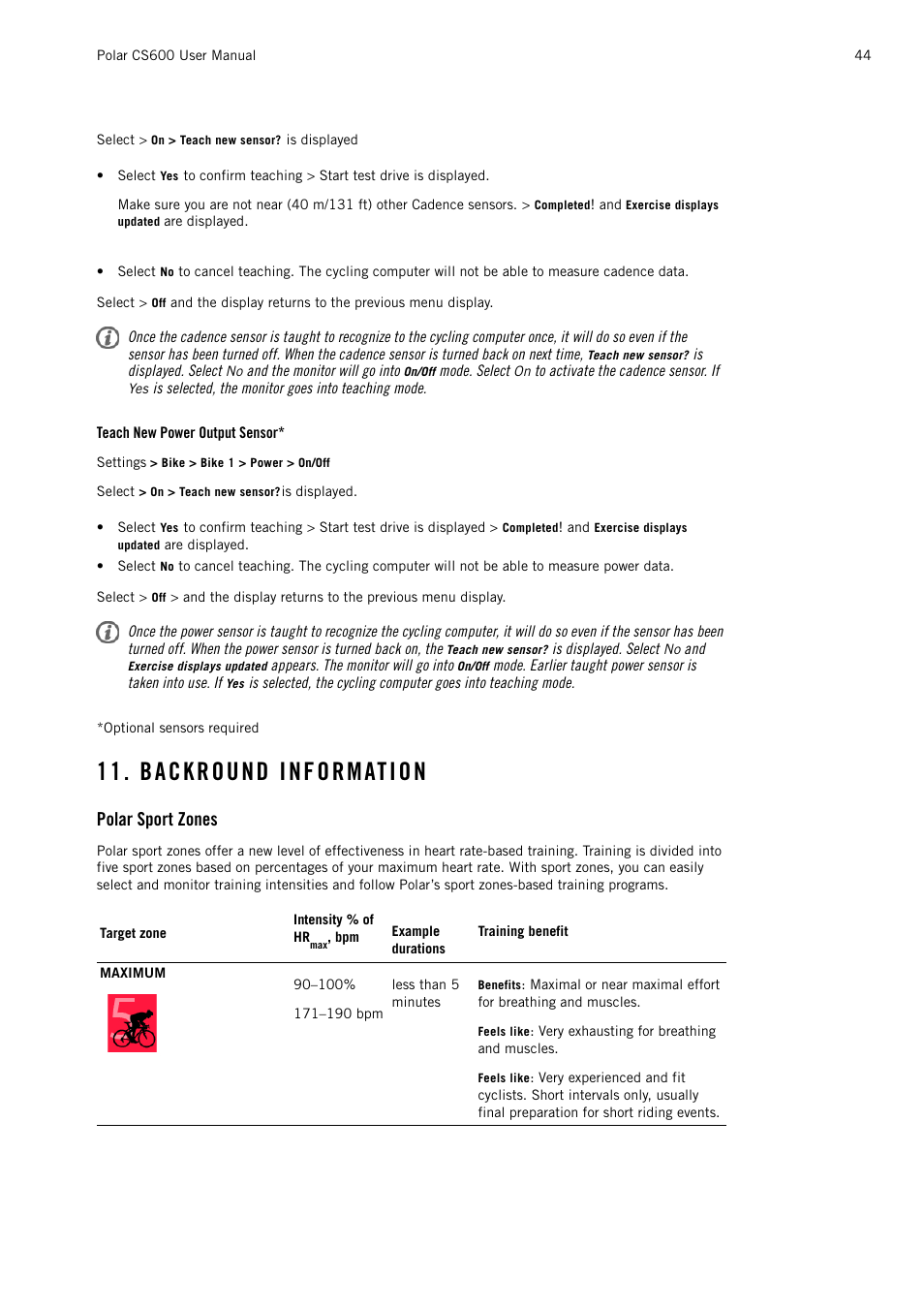 Teach new power output sensor, Backround information, Polar sport zones | POLAR CS600 User Manual | Page 44 / 56