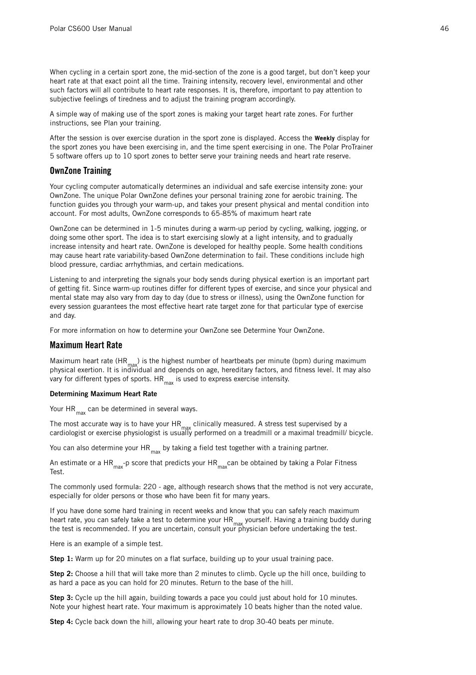 Ownzone training, Maximum heart rate | POLAR CS600 User Manual | Page 46 / 56